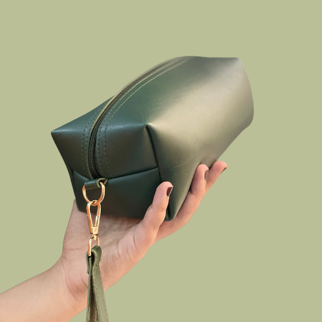 Adorned Makeup Pouch Green Travel Cosmetic Bag in hand